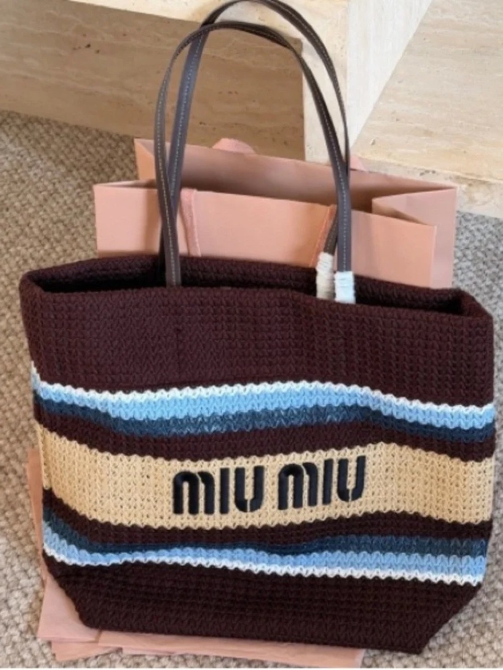 Miu Miu Brown Knit Tote with Blue and Cream Stripes